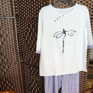 Dragonfly Design White Top, w/ Striped Pants Set/ Blue & White/ XXL/ NWT